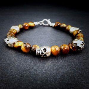 💀Silver Skull & Genuine Tiger Eye Men’s Bracelet